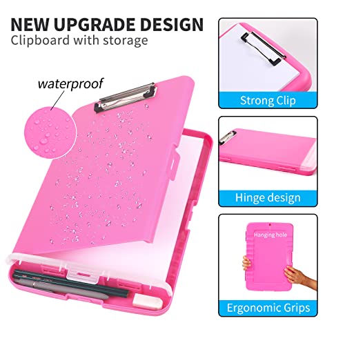 DMFLY Klemmbrett mit Aufbewahrung, robuste Clipboards mit Stifthalter, A4 Kunststoff-Klemmbretter mit Fach, starke Klemmbretter mit niedrigem Profil-Clip, ideal für die Arbeit (Pink)