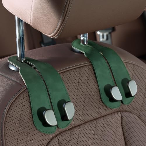 CoBak Purse Hook for Car - Universal Premium Stitched Leather and Aluminum-Magnesium Alloy Double Car Seat Back Storage Hook for Purses, Handbags, Bags (2 Pack),Emerald