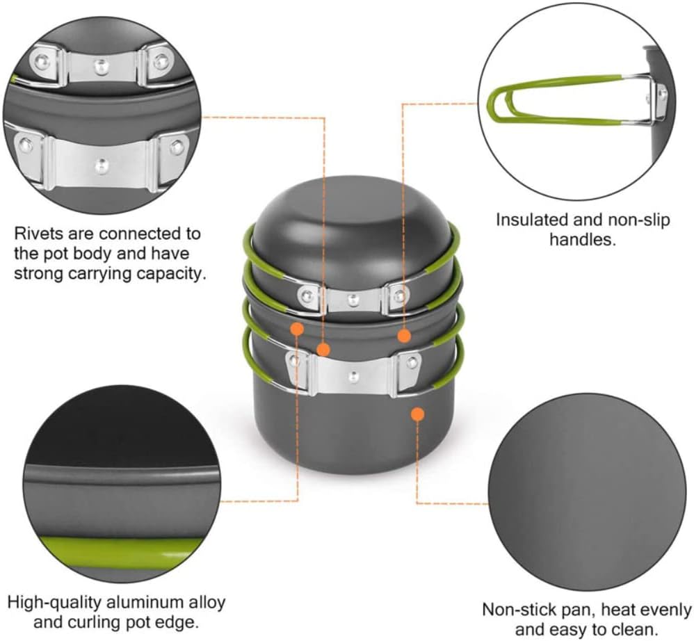 Camping Cookware Mess Kit, Camping Pot and Pan Set with Mini Backpacking Stove, Spork and Tank Bracket, Cooking Gear for Outdoor, Hiking, Picnic, Campfire