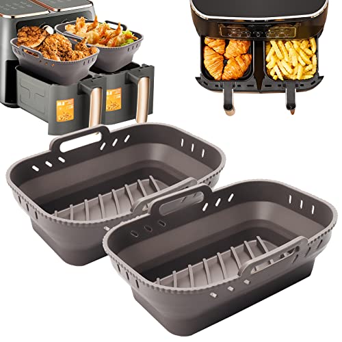 Lot de 2 doublures de friteuse à air comprimé réutilisables en silicone - 19,3 cm - Rectangulaires et pliables - Pour friteuse Ninja double à air - Gris Cover