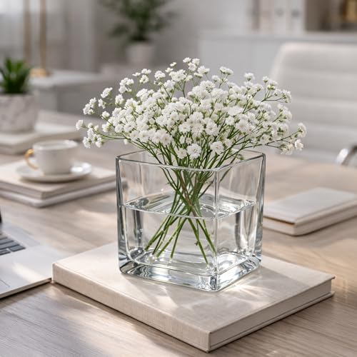 Image of KALAKRITI 5 Inch Clear Square Glass Flower Vase | Modern Cube Decorative Vase for Fresh, Artificial Flowers & Floral Arrangements | Table Centerpiece for Home, Office, Hotel & Restaurant (Pack of 1)