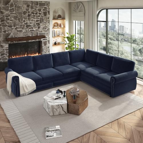 Image of KCGKCG 118 inch Sleeper Sofa Bed, Sectional Couches for Living Room /Apartment, Chenille L Shaped Couch with Pull Out Couch Bed, Convertible Sectional Sofa with Rolled Arm & Nailhead Trim, Blue