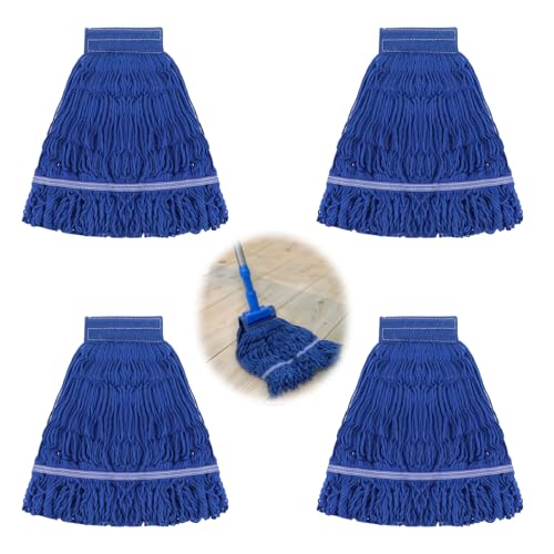 Image of 4 Pack Reusable Cleaning Heavy Duty Mop Heads Commerical Replacement Mop Heads Suitable for Heavy Commercial Industrial Residential Areas -Blue Cotton Looped Replace Mop Head (Deep Blue)