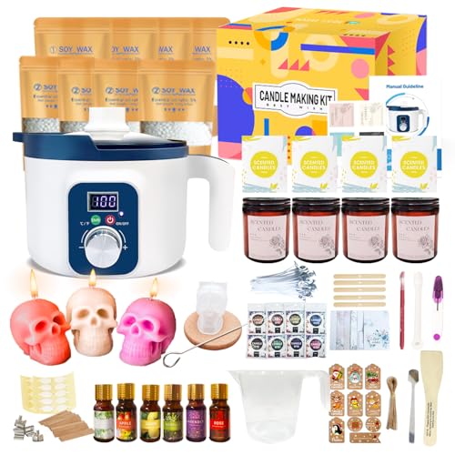 Handnatur Kit completo de fabricación de velas para adultos con olla de fusión de cera digital, juego de cera de soja con molde de cabeza de calavera para hacer tu propio kit de velas