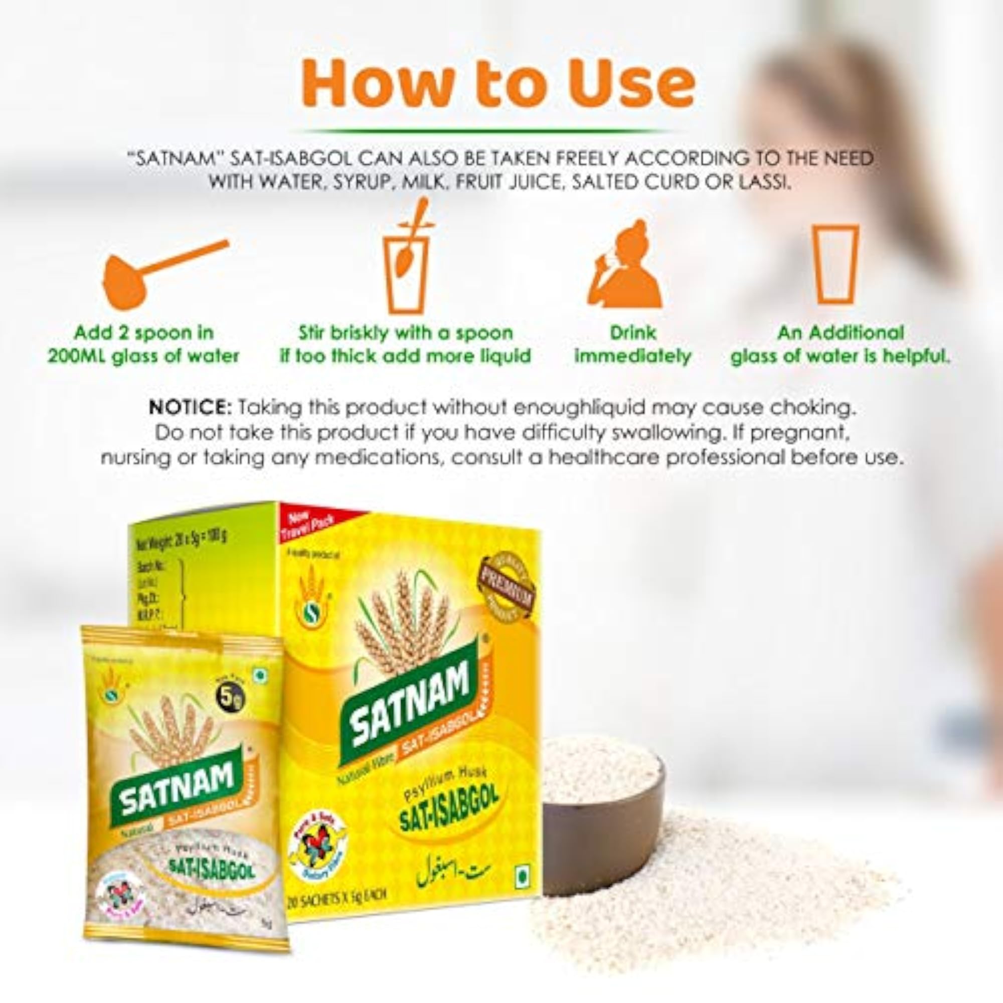 SATNAM Sat-Isabgol Psyllium Husk 100g Travel Pack Box