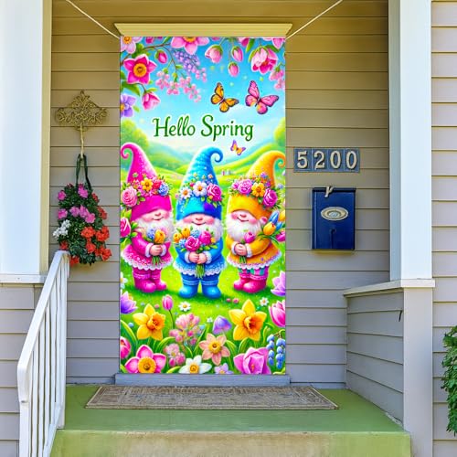 Image of Hello Spring Gnome Trio Door Cover 35x71in Butterfly