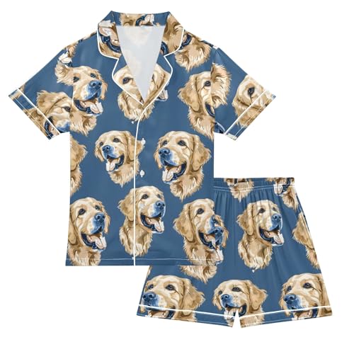 Navy Golden Retriever Dog Summer Satin Pajama Set, Cute Button-Down Sleepwear Pj Set for Sleep Wears