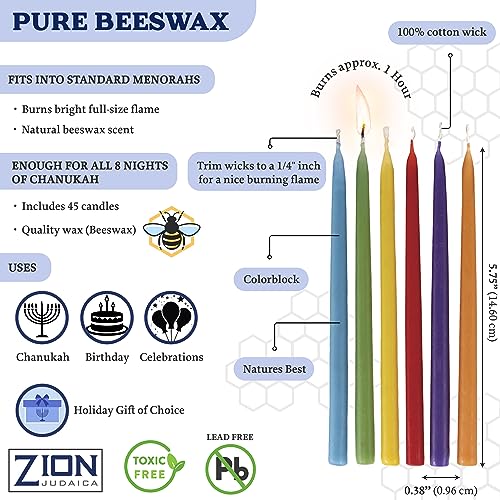 Zion Judaica Ltd ZJ-BC200 Zion Judaica Deluxe Natural Beeswax Candles For Menorah 5.75 Inch Tall Multi Colored Bee Wax Candle Set Of 45 For Chanukah Menorah Parties Decorative Hanukkah Candles thumb #1