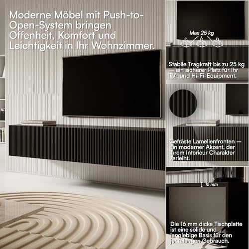Selsey TV Schrank Board Sideboard Fernsehtisch Fernsehschrank 175 cm Hängend Gefräste Front Schwarz Veldio