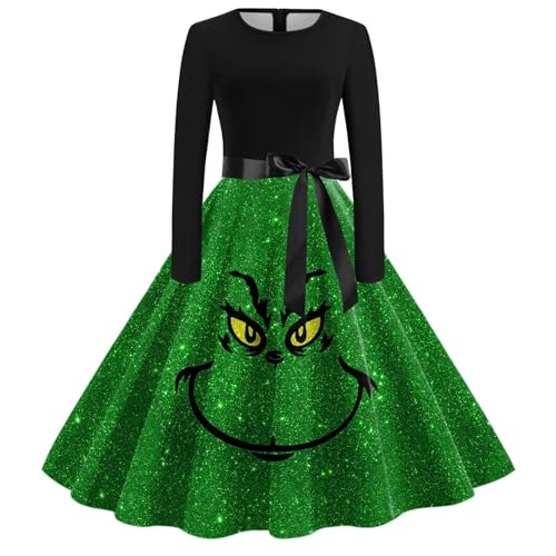 Grinch Kostüm, Weihnachtskleid Damen Lustig Swing A Linie Kleid Festival Abendkleid Langarm Rundhals Cocktailkleid Midikleid Grinch Kostüm...