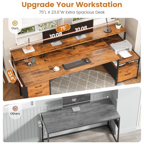 Image of SEDETA Home Office Desk with File Drawer & Power Outlet, 75'' Large Computer Desk with 5 Drawer, Storage Shelves, Monitor Shelf and Led Lights, 23.6 inch W Desktop Gaming Desk, Rustic Brown