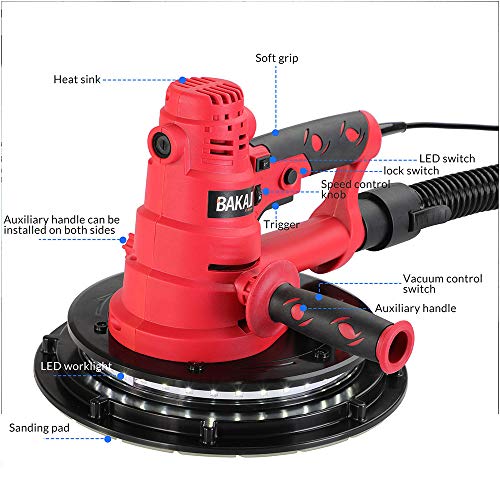 Bakaji Wandschuurmachine, plafondschuurmachine, gipsplaat, 800 W, vermogen 770-2100 rpm, automatische stofafzuiging met… - Afbeelding 4