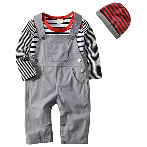 Tearfuty 3pcs Baby Boys Outfits Clothes Sets Striped Romper + Suspender Pants+ Striped hat (18-24 Months) Cover