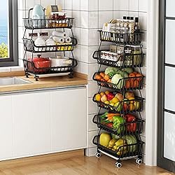 Estanterias Fruteria Madrid KOLENSA - Cestas de alambre de metal con ruedas, contenedores de almacenamiento apilables, estante organizador de cocina, 3-4-5-6 niveles, carrito de frutas y verduras, platos, estantes de temporada