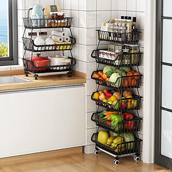 Metal Wire Baskets with Wheels, Stackable Storage Bins Kitchen Organizer Shelf 3-4-5-6 Tier Fruit Vegetable Cart Dishes Seasonal Rack Shelves for Garage, Pantry, Bathroom-tn73bb9u