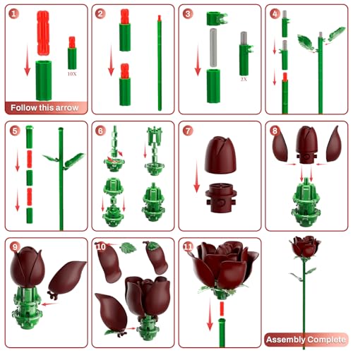 NOLAKMI Red Rose Bouquet Building Set for Adults Women 12 Pack - Artificial Flowers, Botanical Blocks Kit for Adults Women, Gift for Mother's Day Christmas & Valentine's Day Retro Decor — view 6