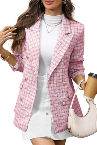 ELLEVEN Tweed Blazers for Women Oversized Plaid Double Breasted BottonsBlazer