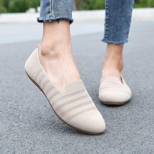 Image of poemlady Women's Ballet Flat Shoes Dress Shoes Knit Round Toe Slip On Ballerina Walking Flats Shoes for Woman Low Wedge Casual