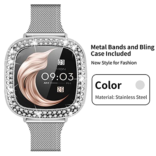 Joyozy Slim Metal Bands Compatible With Fitbit Versa3&Sense Smartwatch Thin Wristbands Bracelet With Bling Protective Case For Women (Silver) #TOP2