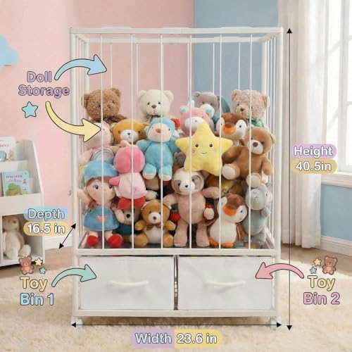 Erjiacun Large Stuffed Animal Storage Tower - Metal Stuffy Zoo with 2 Fabric Drawers & Wheels, Kids Toy Organizers and Storage for Nursery, Playroom & Bedroom (White) - 2