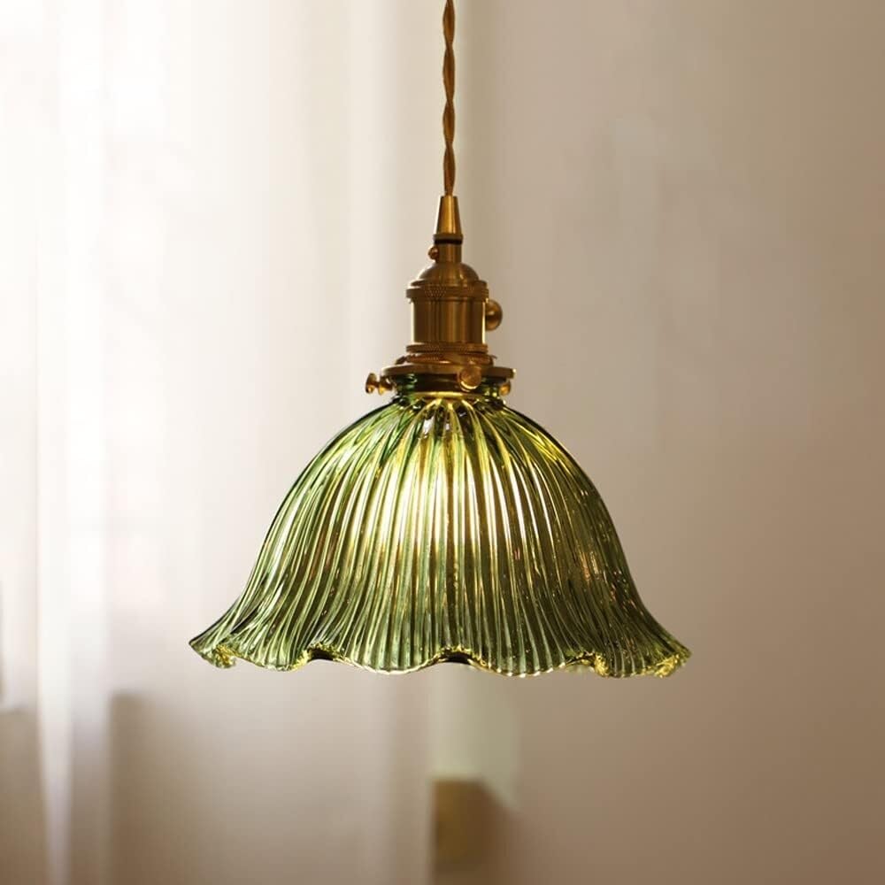 KXEcoLife Retro Geometric Ribbed Glass Pendant Light - Mini Chandelier for Kitchen Island Dining Room & Home Decor Stylish Green Lighting Fixture (18cm 23cm Diameter)