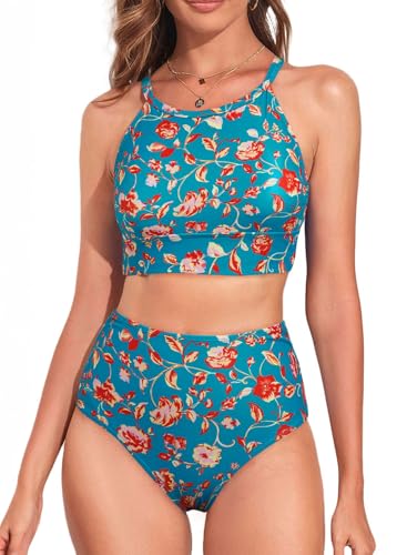 Image of Herseas Women's Bikini Sets High Neck Tropical Leaf Print High Waisted Two Pieces Swimsuits Bathing Suits