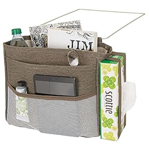 mDesign Bedside Hanging Storage Organizer Caddy Pocket – 5 Pockets, Elastic Side Straps for Tissue Box – Heavy Weight Cotton Canvas, Metal Wire Hanger – Espresso Brown/Satin