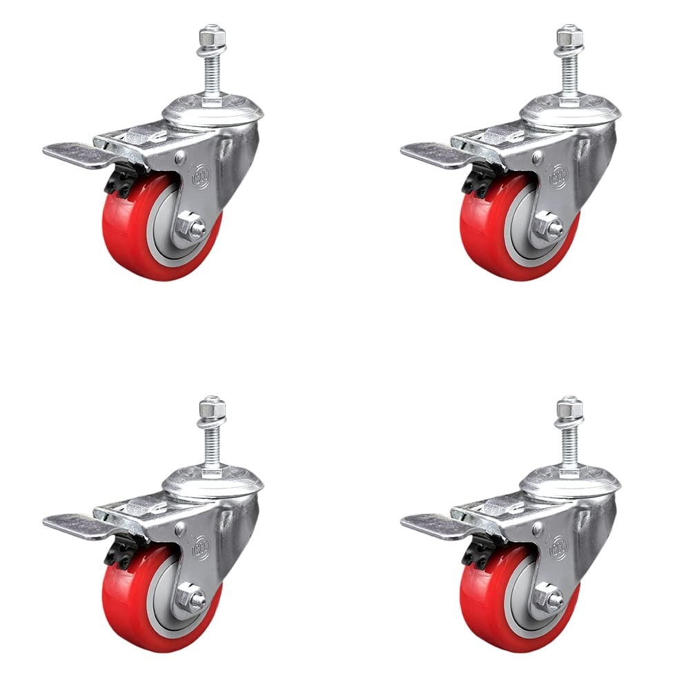 Stainless Steel Polyurethane Swivel Threaded Stem Caster Set of 4 w/3