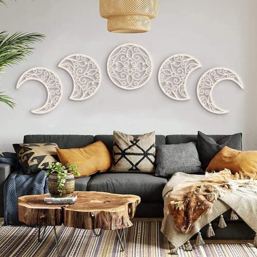 B Dybohf Moon Decoration Wall Decoration, Moon Appearance Wall Art Decoration (5 Pieces) Nordic Wood Moon Appearance Natural Design Moon Interior, Boho Bedroom Decor Home Wall Decoration (Wood Color) #TOP3