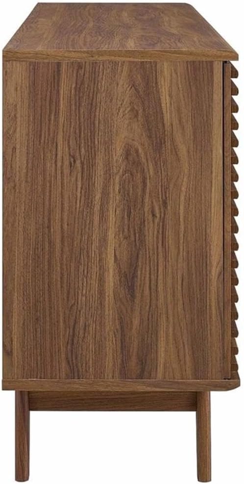 Allora 63 Mid-Century Modern Sideboard Buffet or TV Stand, Walnut Grain Laminate, Adjustable Shelves, 3 Drawers, Sliding Doors, 32.5H x 63W x 17.5D, Tapered Wood Legs, Dining or Living Room Use