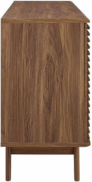 Allora 63 Mid-Century Modern Sideboard Buffet or TV Stand, Walnut Grain Laminate, Adjustable Shelves, 3 Drawers, Sliding Doors, 32.5H x 63W x 17.5D, Tapered Wood Legs, Dining or Living Room Use