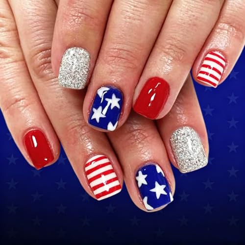 4th of July Press on Nails Short Square Fake Nails Red White Blue False Nails with Star Stripes Designs Silver Glitter Nails Reusable Full Cover Glue on Nails for Women Manicure 24Pcs