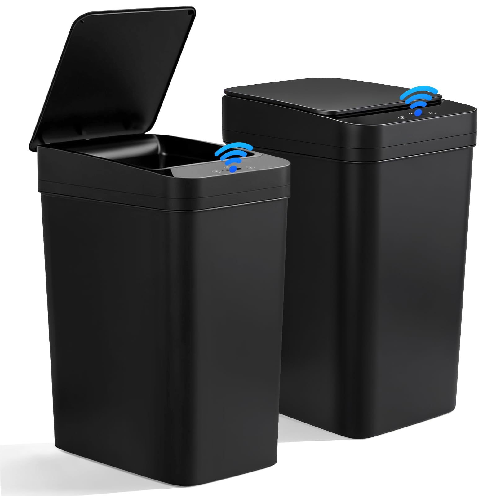 Set de 2 Cubos de Basura Automáticos (15L y 12L) con Tapa Inteligente – Cubo Basura Automático, Papelera Silenciosa e Impermeable con 3 Modos de Funcionamiento, Ideal para Cocina, Baño y Oficina Negro