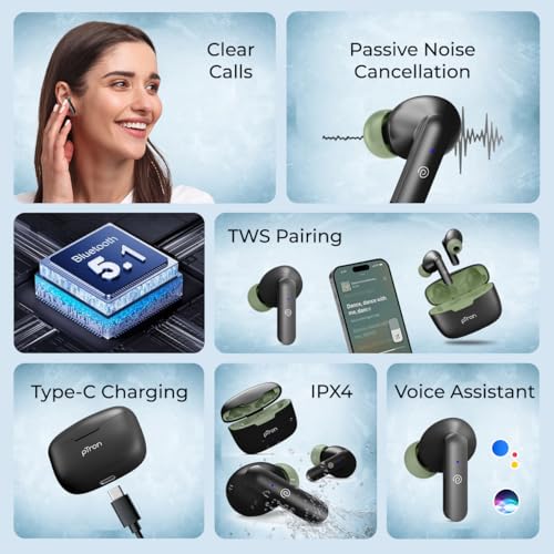 Image of pTron Basspods P81 In-Ear Wireless Earbuds, Pristine Sound, 32Hrs Playtime, Clear Calls TWS Earbuds, Bluetooth V5.1 Headphone, Type-C Fast Charging, Voice Assist & IPX4 Water Resistant (Black & Green)