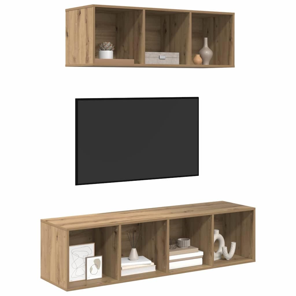 TV-Schrankset Wandmontiert 2-teilig, Artisan-Eiche Holzwerkstoff, Modernes Media-Center für Wohnzimmer, 37x37x142,5 cm