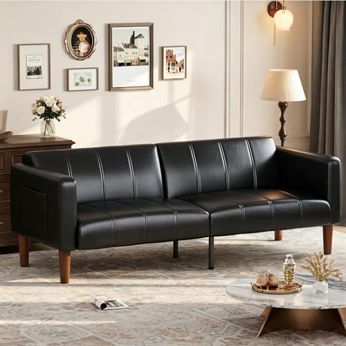 Image of GarveeHome Futon Sofa Bed, 75-Inch Modern Faux Leather Convertible Couch, Mid-Century Loveseat for Small Space, Living Room, Bedroom, Black