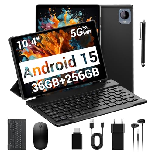 TIGERFU Android 15 Tablet 10.4 Pollici, 5G WiFi, 36GB RAM+256GB ROM (512GB TF), Octa-Core, 1920 x 1200, 8000mAh, 13MP+8MP, Widevine L1, BT5.0, Tablet in Offerta con Tastiera, Mouse (Nero)