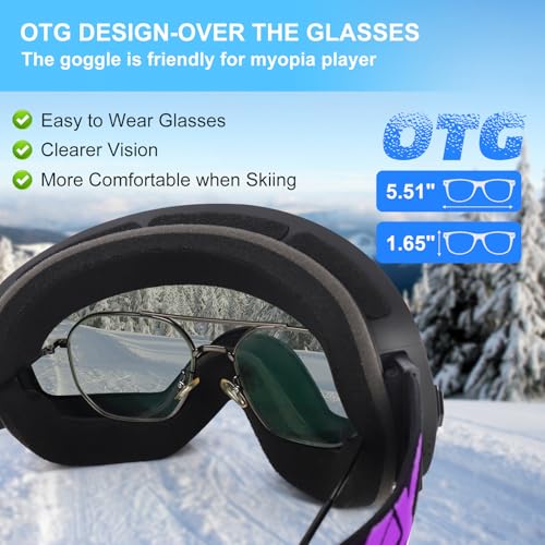 Image of EXP VISION Snowboard Ski Goggles Men Women Youth, Anti Fog OTG Winter Snow Goggles Spherical Detachable Lens (Grapes)