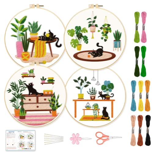 BEUNITONE Kitten Embroidery Kit for Beginenrs Hand Sewing Embroidery Kits with Cat Pattern DIY Embroidery Kit with Kitten Colourful Threads Needles Instructions