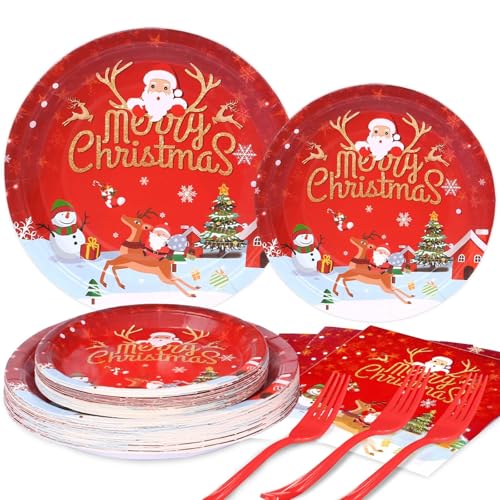 LOOWVY Christmas Paper Plates and Napkins Set, Christmas Plates Cups