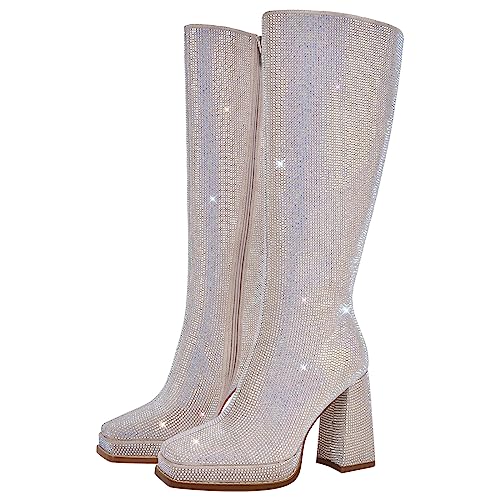 richealnini Women's Rhinestone Knee High Boots with Zipper Side Zip Up Low Platform Heel Square Toe Chunky Block Heeled Boots2