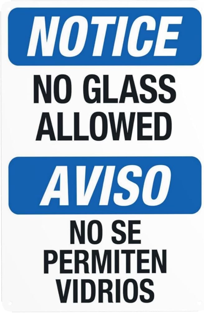 Notice No Glass Allowed Pool Sign Bilingual Spanish English Warning Sign Metal Signs For Business Home Outdoor Indoor Wall Safety Caution Decor Gift For Women Men 8x12 Inch