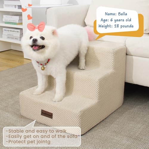 Image of Aodisman Dog Stairs for Small Dogs & Cats,3-Step Pet Steps for Couch & Bed | High-Density Foam Dog Steps with Anti-Slip Bottom,Easy for Puppies,Older Cats & Dogs to Reach Sofas & Chairs,Beige,13.6 inch H