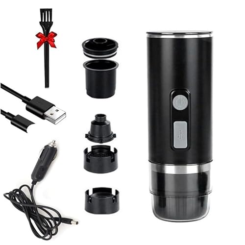 Self-Heating Portable Electric Espresso Machine with 5 Min, Self-Heating Travel Hot Coffee in Car, Rechargeable Battery 15 Bar Mini Small 12V 24V Car Coffee Maker, Capsule & Ground for Camping, Hiking