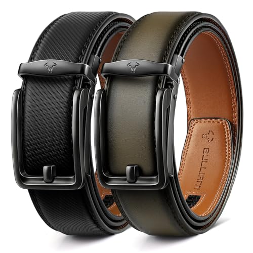 Image of BULLIANT Men Ratchet Belt 2 Pack, Click Sliding Leather Belt Adjustable for Gift Men Dress Casual Jeans 1 3 /8,Cut for Fit