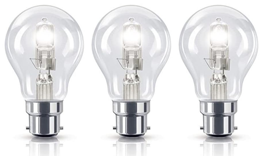 3 Pack 42W =(60W Eqv) Eco Classic B22 B22D Bayonet Cap Traditional Bulbs, 100% Dimmable, 630 Lumen, 2700K Warm White, AC 230V, A19, Instant On, No Flicker, GLS Round, for Lamps, Wall Lights, Pendants