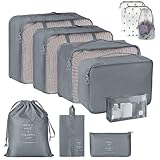 Koffer Organizer set, 11-Teilig Packing Cubes Compression Kleidertaschen - Packtaschen für Koffer, Reise Organizer Set für Unterwäsche Kosmetik Kleidertaschen Schuhbeutel, Travel Essentials Grau