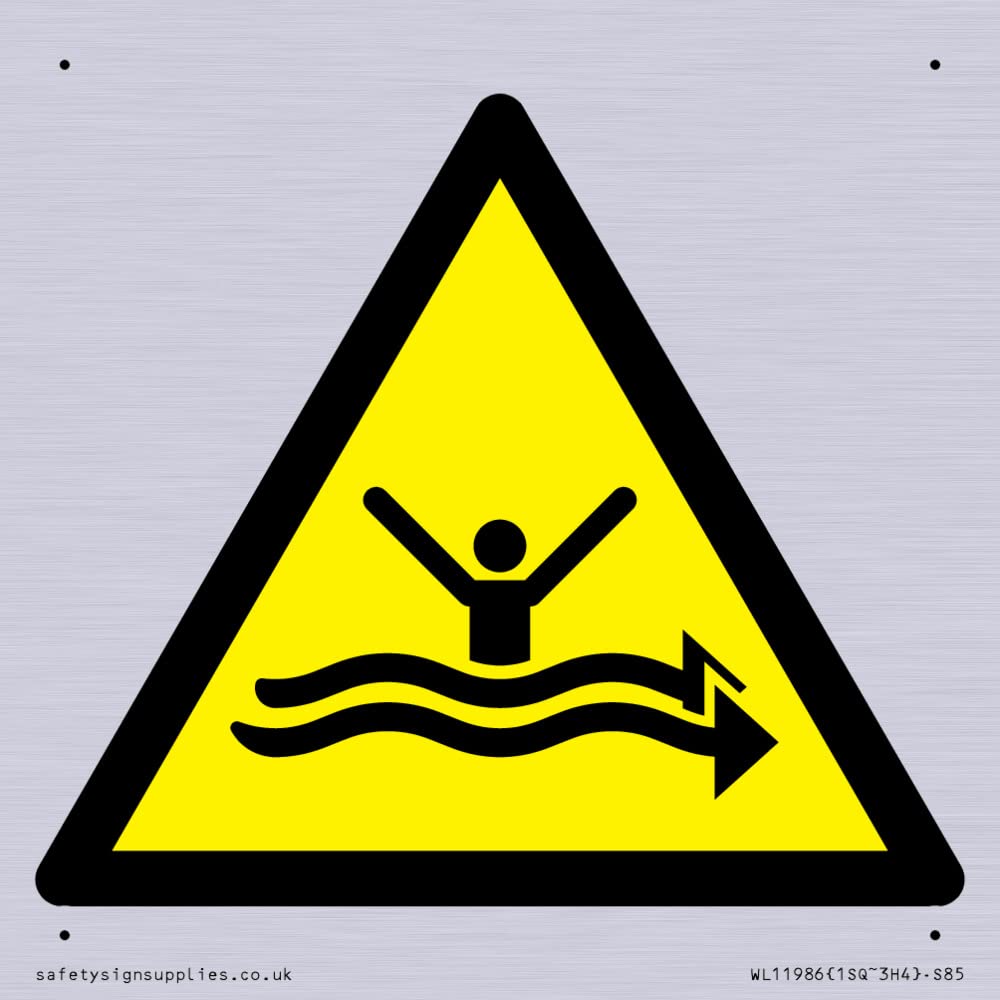 W057 Warning: Strong currents Sign - 85x85mm - S85, Yellow/White