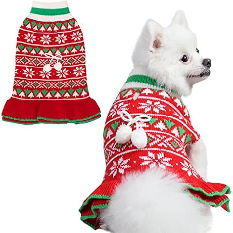 EXPAWLORER Christmas Dog Jumper - Winter Warm Dog Sweater Dress Leash Hole, Cute Turtleneck Colthes with Ruffle Hemline for Small Dogs Cover