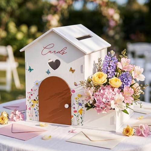 Image of Wooden Wedding Card Box Cabin-Shaped with Flower Trough & Magnetic Door